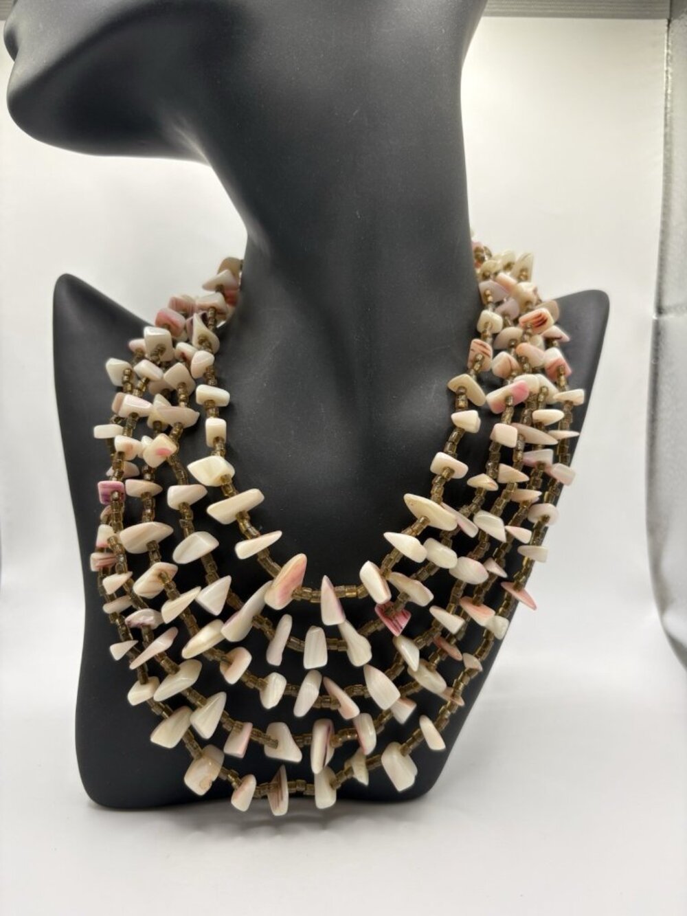 Vintage Japan 5 Strand Polished Shell Heshi Bead Necklace Beachy Boho